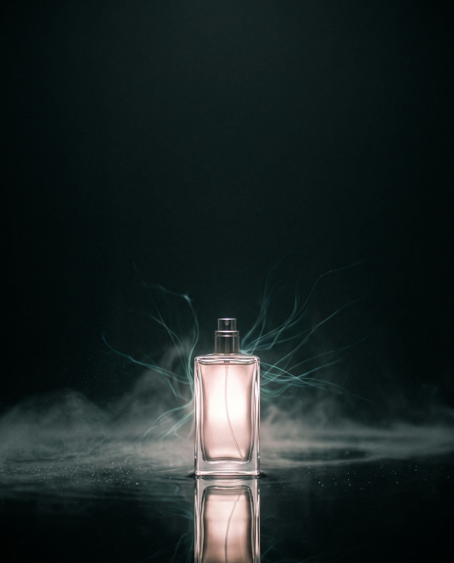A plain glass perfume bottle glowing warm rose, standing in still black water with threads of teal light drifting off it